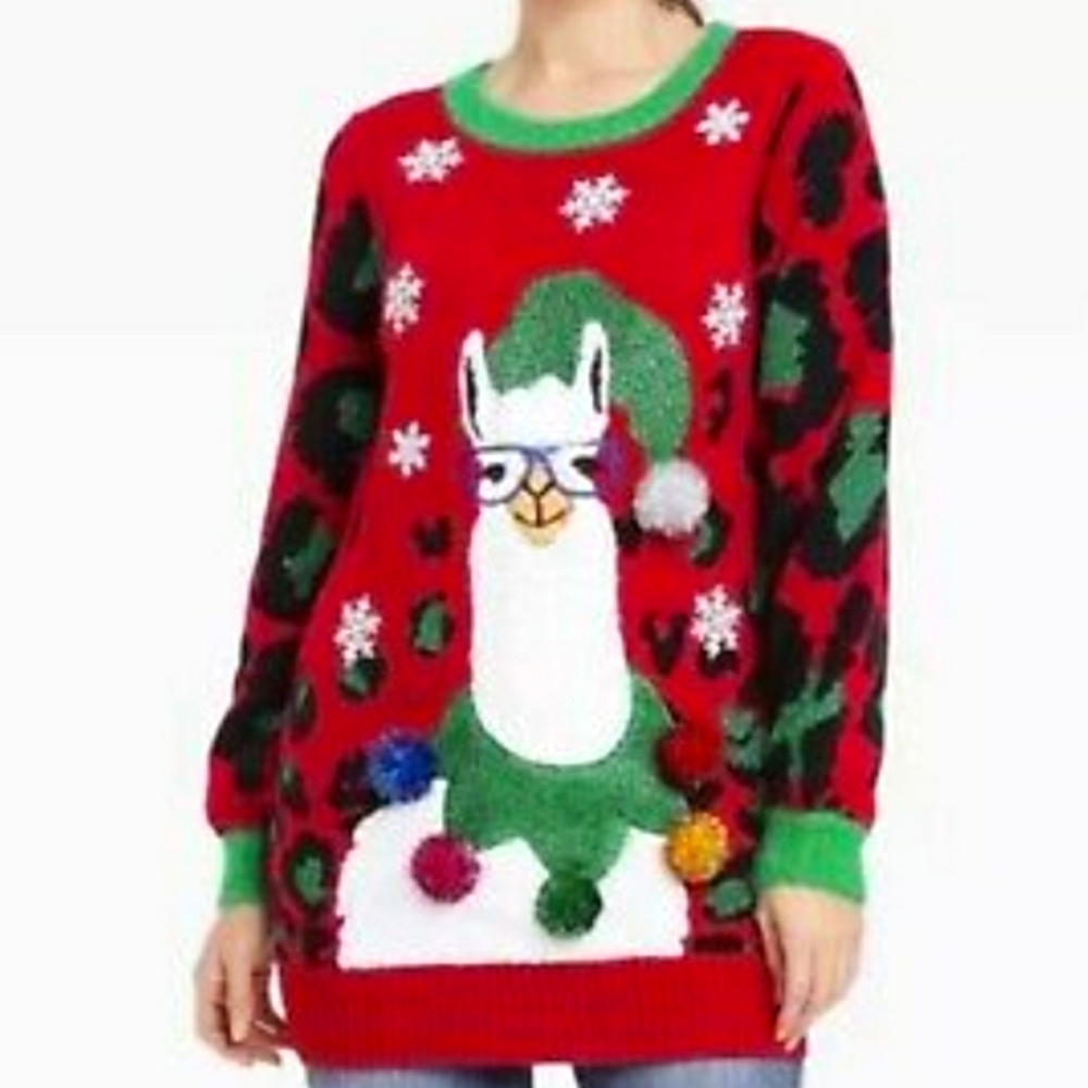 33 Degrees Santa Hat Llama w/Sparkly Tinsel PomPoms Ugly Christmas Sweater XS